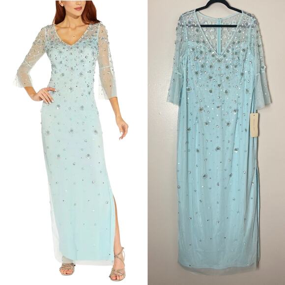 ADRIANNA PAPELL DRESS MOTHER OF THE BRIDE GREEN BLUE BEADED FLORAL SEQUIN LONG - Picture 1 of 16